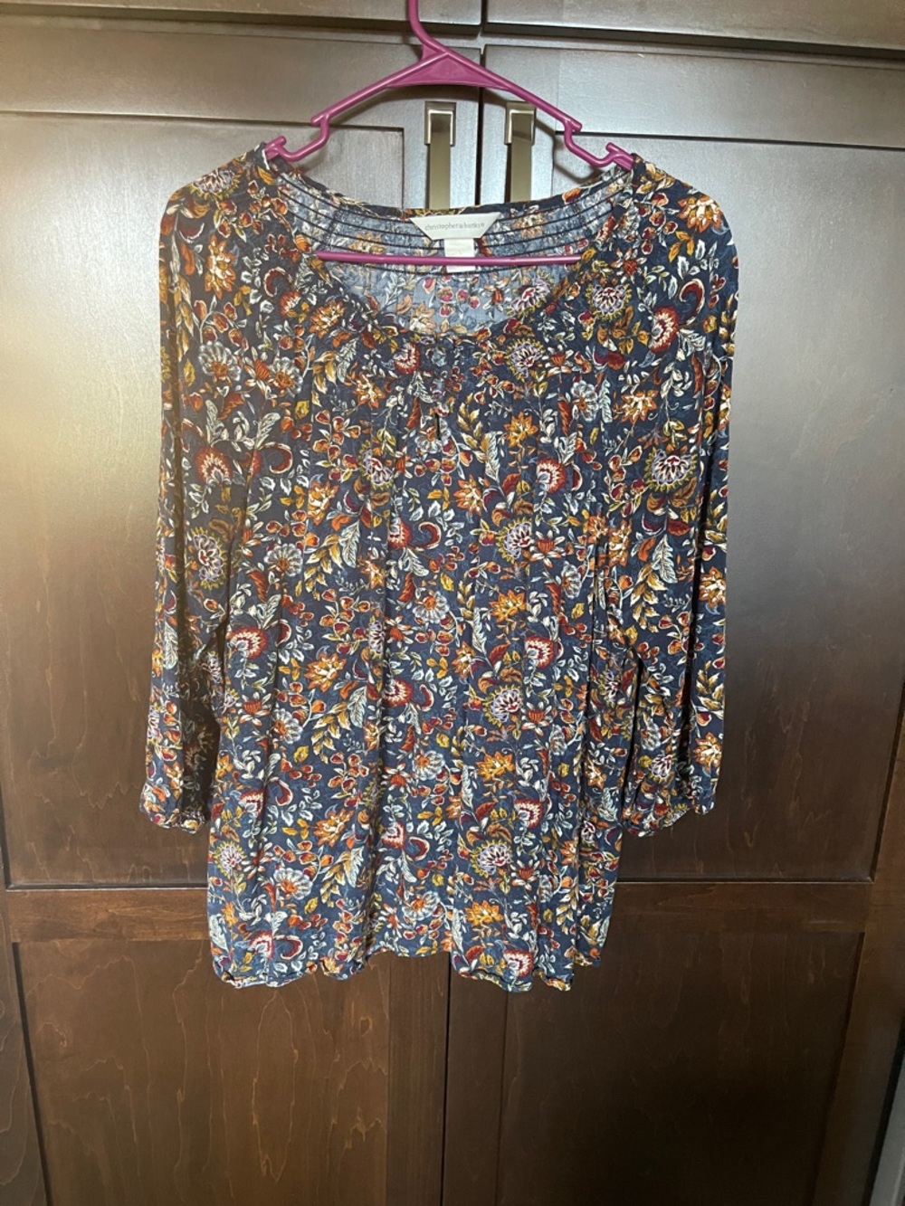 Christoper & Banks Navy Floral Peasant Blouse with Rust and Cream Accents.
